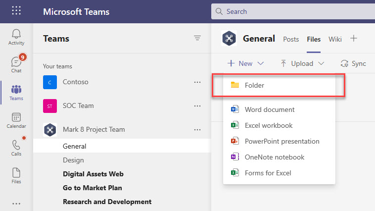How to create a folder in Files tab in Microsoft Teams