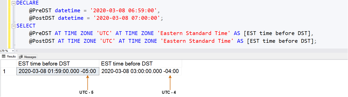 Changing the UTC zone into the Eastern standard time in SQL Server.