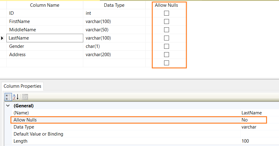 Not NULL constraint in SQL Server