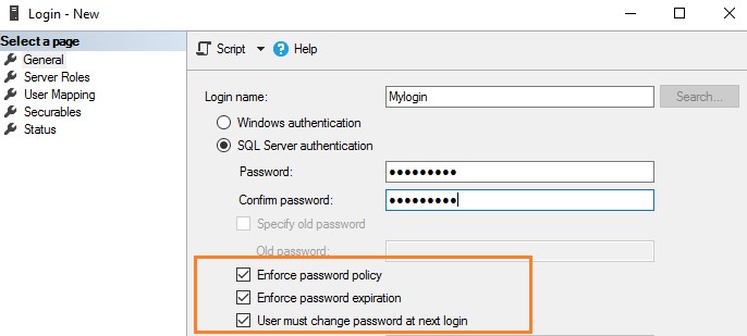 SQL Server security, enforcing SQL Server logins and enforcing password policies. 