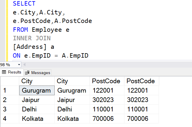 Executing the UPDATE statement to verify that the source and target column values are the same.