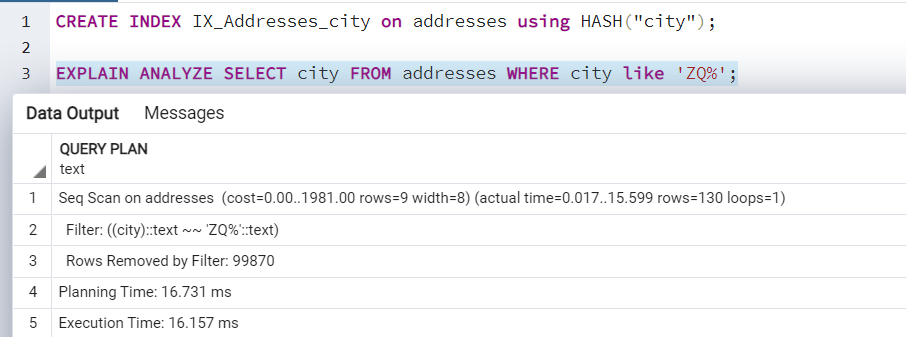 Postgres indexes- hash index example