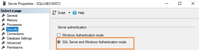 SQL Server security, verifying the server authentication model.