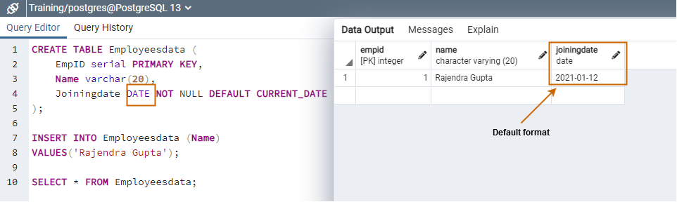 Stored default date format in Postgres