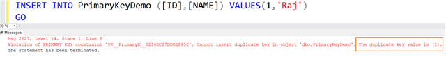 Insert into primarty key demo table in SQL Server