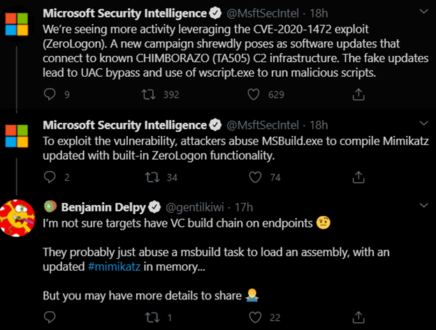 Microsoft intelligence tweets about vulnerability and AD security threats