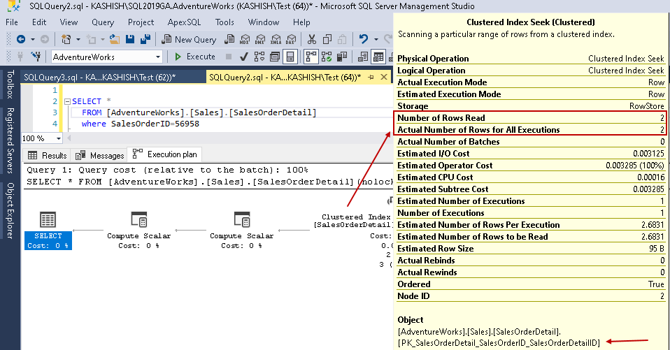 Clustered index seek details in SQL Server