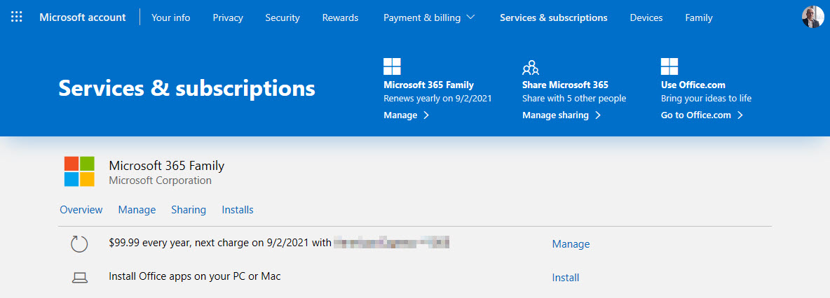 Microsoft 365 Family plan options. 