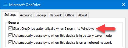 OneDrive setting to start OneDrive automatically when I sign in to Windows. 