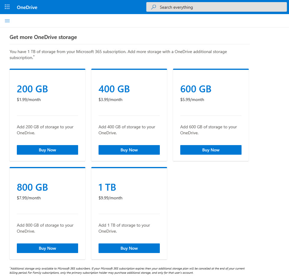 Available options to add OneDrive storage in Microsoft 365 Family plans. 