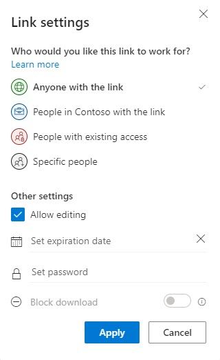  Using link settings for OneDrive file sharing