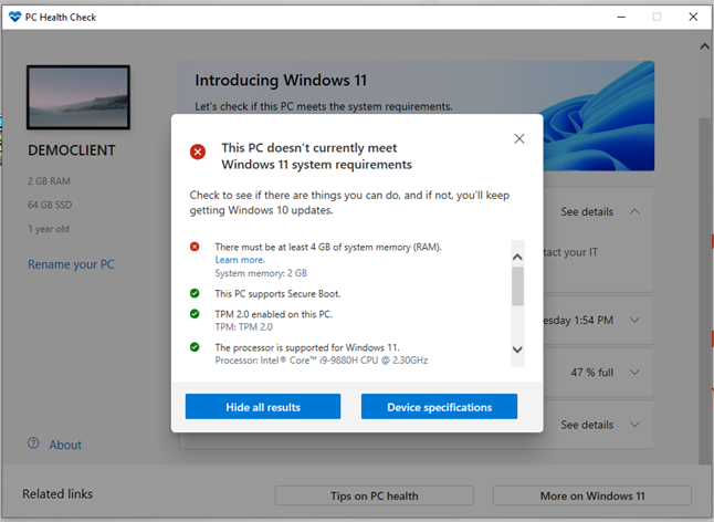 Health check when upgrading to Windows 11