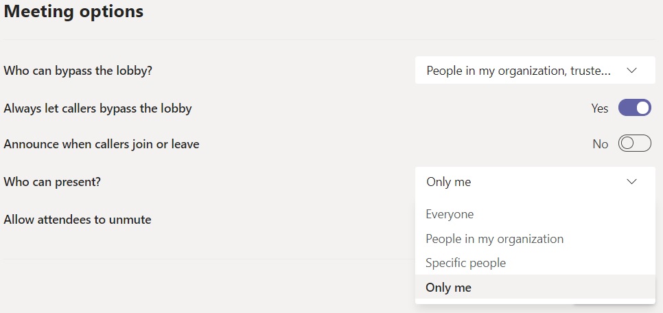 Microsoft Teams security settings for meeting options