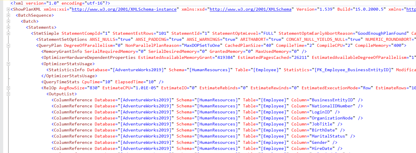 Show plan XML code for execution plan