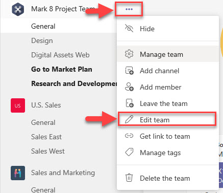 Editing a Team in Microsoft Teams