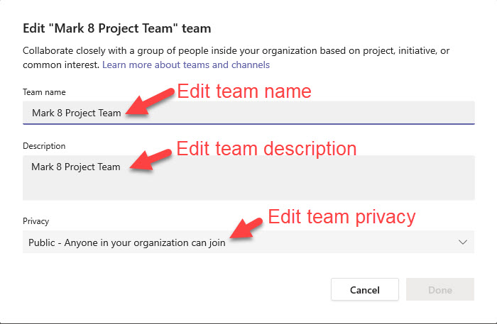 Editing a team name in Microsoft Teams