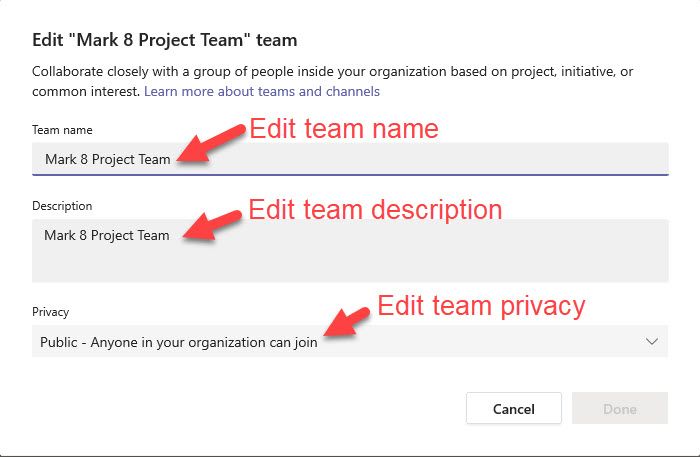 Editing a team name in Microsoft Teams