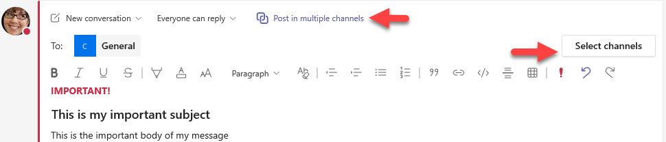 Messaging multiple channels in Microsoft Teams