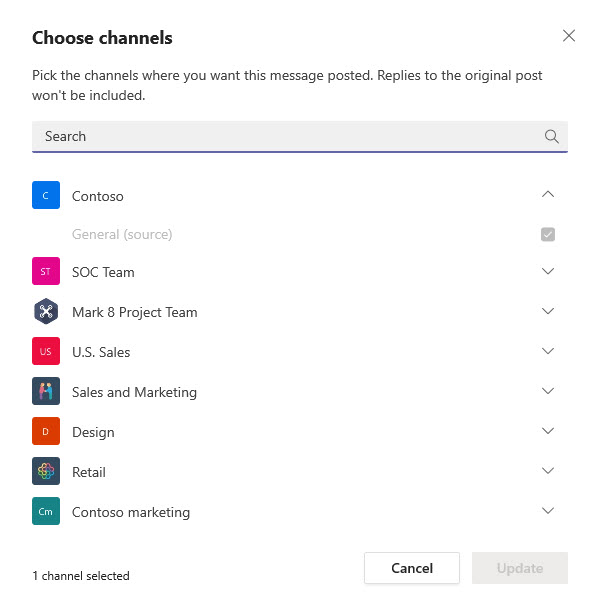 Choosing channels to message in Microsoft Teams