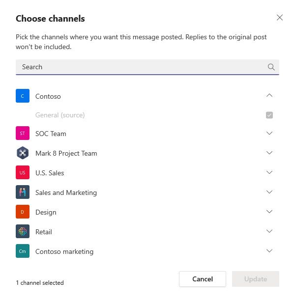Choosing channels to message in Microsoft Teams