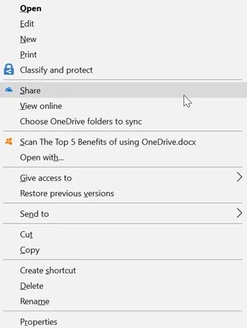 Sharing files in OneDrive