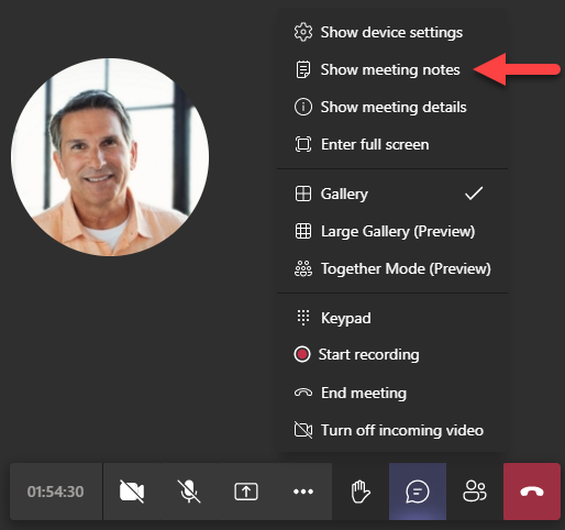 Showing meeting notes in Microsoft Teams