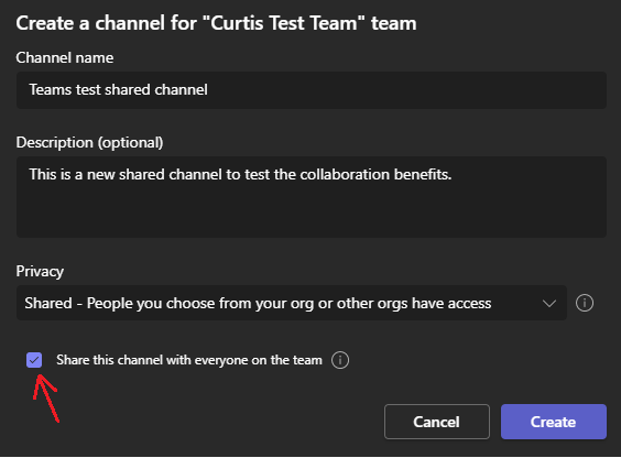 Creating a shared channel in Teams Connect