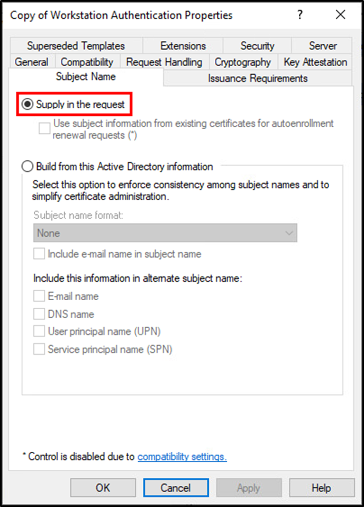 Active Directory Certificate Services authentication properties