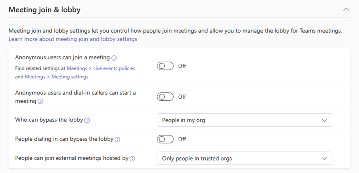 Microsoft Teams governance meeting and join lobby settings