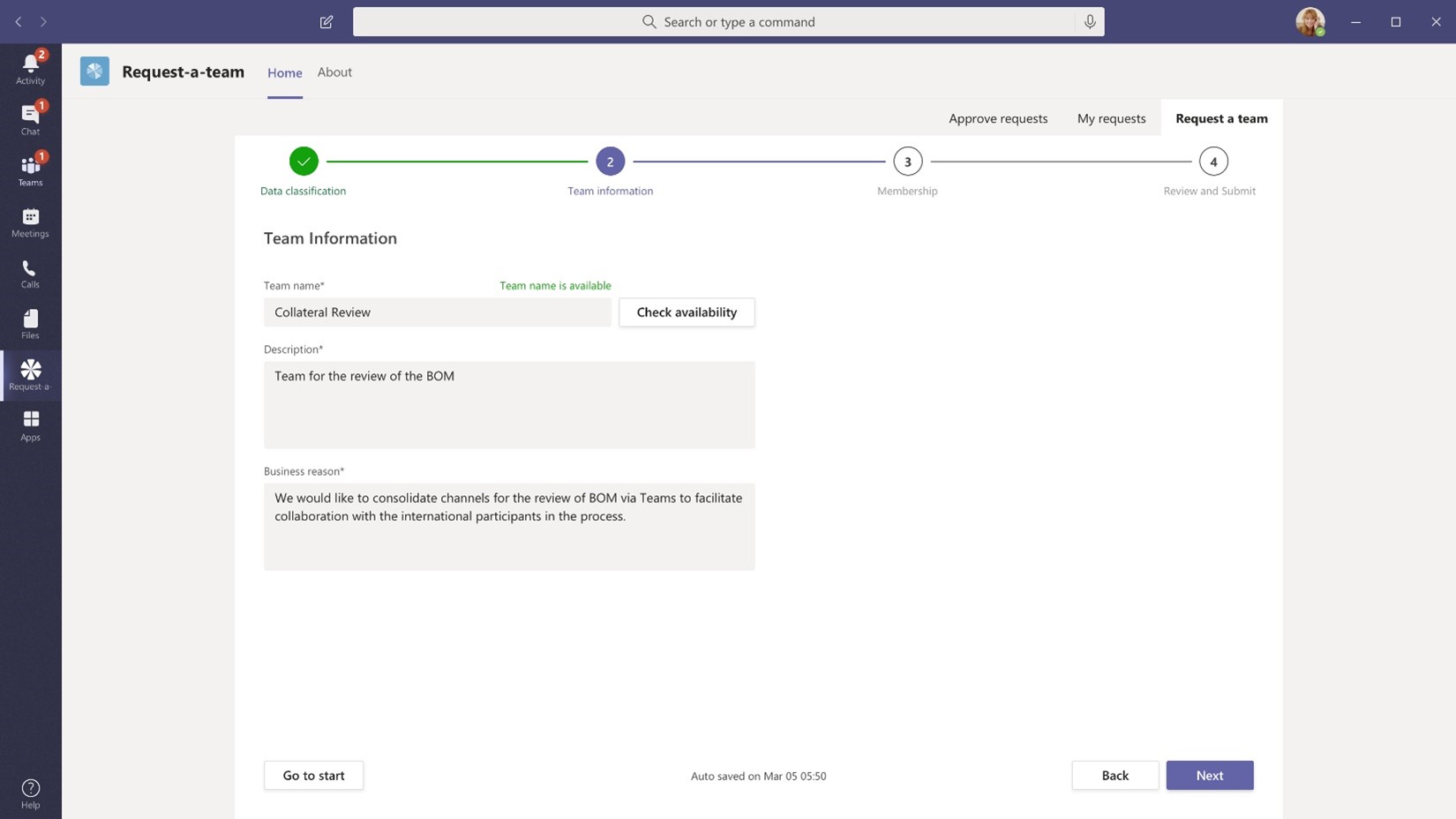 Microsoft Teams request a Team template