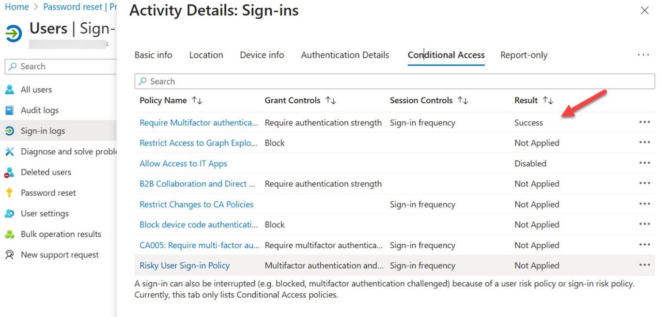 Multiple Conditional Access policies activity detail