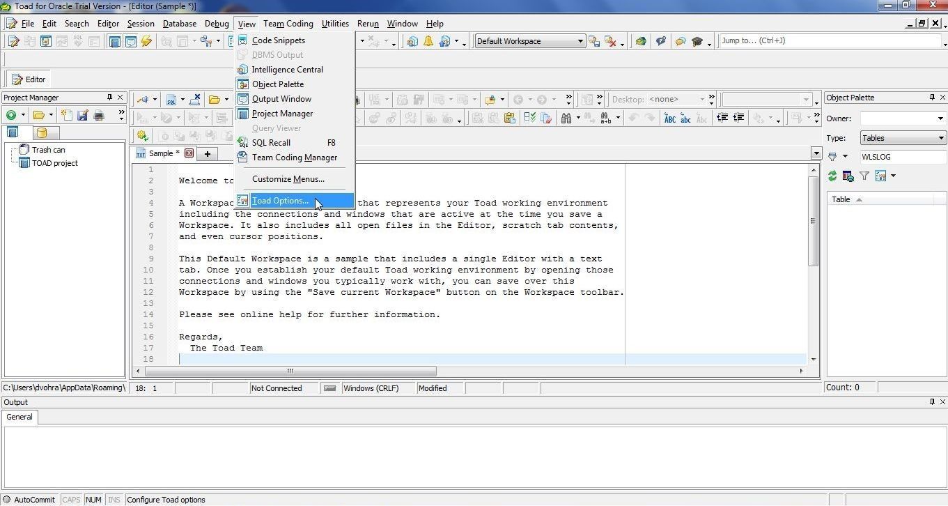 Select View>Toad Options as shown in Figure 2 to set some options.”></p>
<p><i>Figure 2. Selecting View>Toad Options</i></p>
<p>Select Oracle>Transactions and click in the checkbox Commit after every statement as shown in Figure 3.</p>
<p><img decoding=