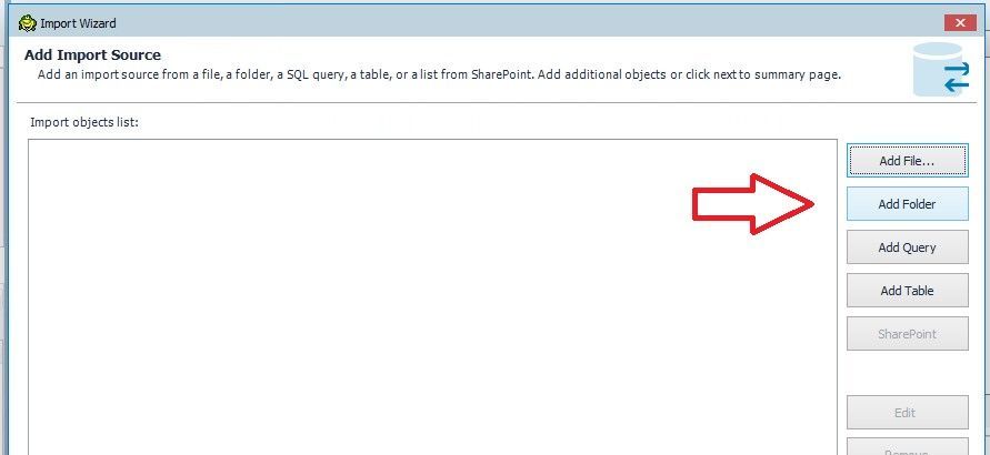Alt text: In the Import Wizard, select Add Folder.
