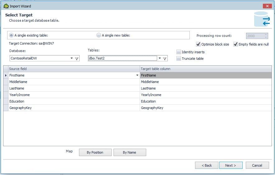 You can choose a target database, select an existing table and map the fields to the table.