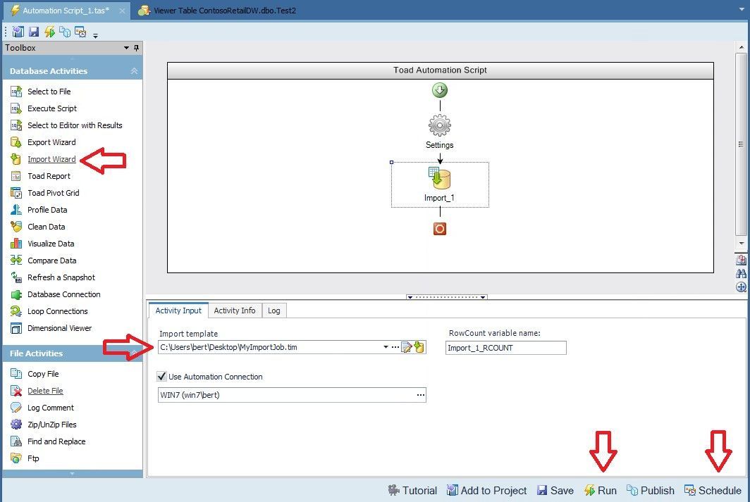 Pictured is a screenshot of an import. Select import wizard for the automation job, then load up the .tim file that was created earlier. Click on Run to run it now, or schedule to have it run regularly.