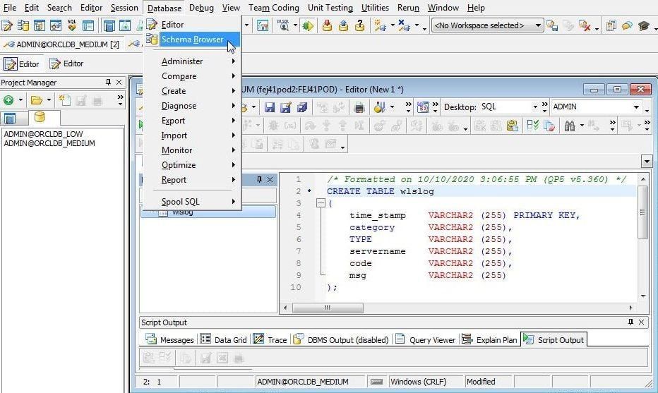 Figure 8. Database>Schema Browser “></span></p>
<p><em><span>Figure 8. Database>Schema Browser </span></em></p>
<p> </p>
<p><span>Schema Browser (Figure 9) gets launched. The <strong>ADMIN</strong> schema that we connected to the <strong>WLSLOG</strong> table is listed. Click on the WLSLOG.  </span></p>
<p><span><img decoding=