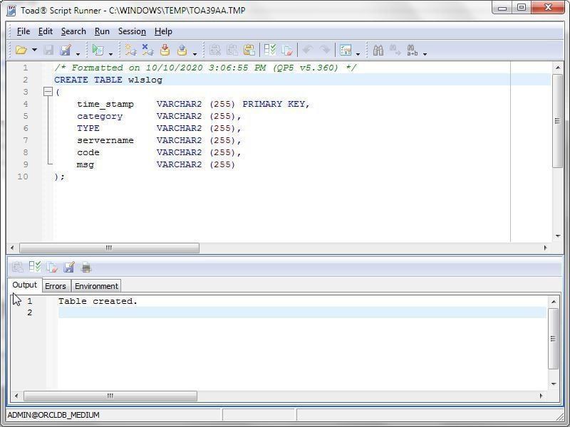Figure 4. Output>Table created”></span></span></span></p>
<p><em><span>Figure 4. Output>Table created</span></em></p>
<p> </p>
<p><span>The new table <strong>wlslog</strong> is listed in the <strong>Navigator</strong> (Figure 5).</span></p>
<p><span><img decoding=