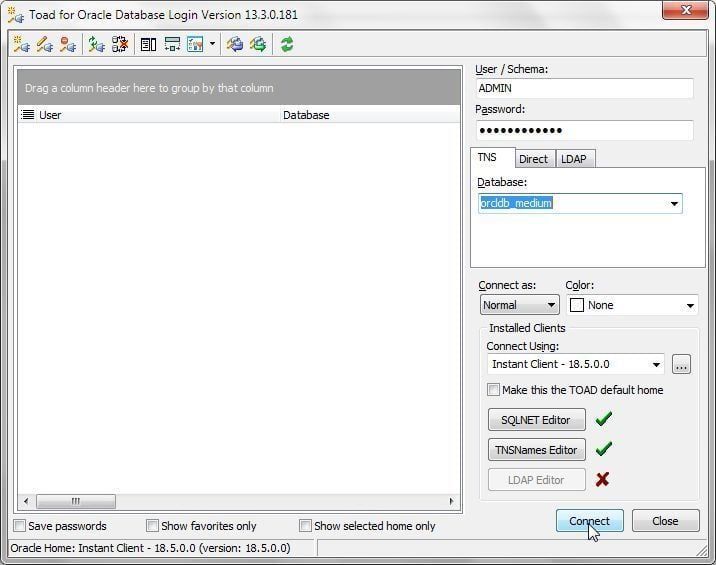 Figure 18. Login>Connect.”></p>
<p><em>Figure 18. Login>Connect</em></p>
<p>A new connection gets created (Figure 19) and a SQL worksheet or <strong>Editor</strong> associated with the connection gets opened.</p>
<p><img decoding=