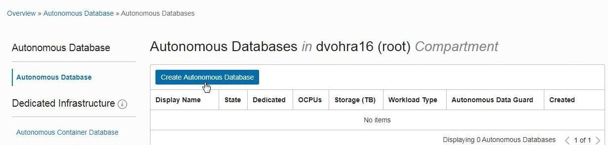 Figure 2.  Autonomous Databases>Create Autonomous Database.”></p>
<p><em>Figure 2.  Autonomous Databases>Create Autonomous Database</em></p>
<p>Provide basic information for creating a new instance, which includes a Compartment, Display Name and Database Name (Figure 3). An Oracle Cloud Infrastructure (OCI) compartment is a container for grouping   together and organizing related resources.  </p>
<p> </p>
<p><img decoding=