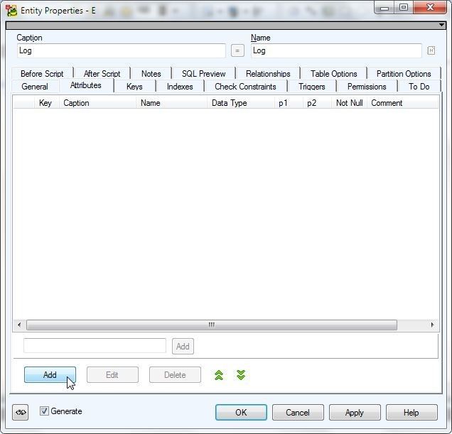 Figure 12. Clicking the Add button on the Attributes window