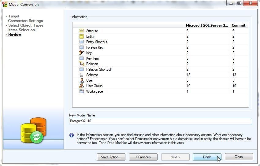 Figure 12. Review>Finish”></span></em></p>
<p><em><span>Figure 12. Review>Finish</span></em></p>
<p><span> </span></p>
<p><span>The converter continues to run. The <strong>Before Convert</strong> message is displayed initially. Subsequent status becomes <strong>Convert</strong>. The model gets loaded as indicated by a <strong>Loading Model</strong> dialog. The PostgreSQL 10 model gets created.  The entity relation diagram also gets converted for PostgreSQL 10 database. The data types get converted; Varchar gets replaced with Character varying. The SQL for the entities also gets converted. Double-click on the header for the Log entity as shown in Figure 13 to display the SQL associated with the entity.</span></p>
<p><em><span><img decoding=
