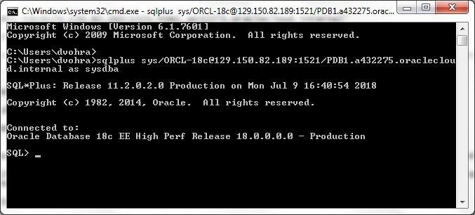 Figure 13. Connecting to Oracle Database 18c with SQL Plus