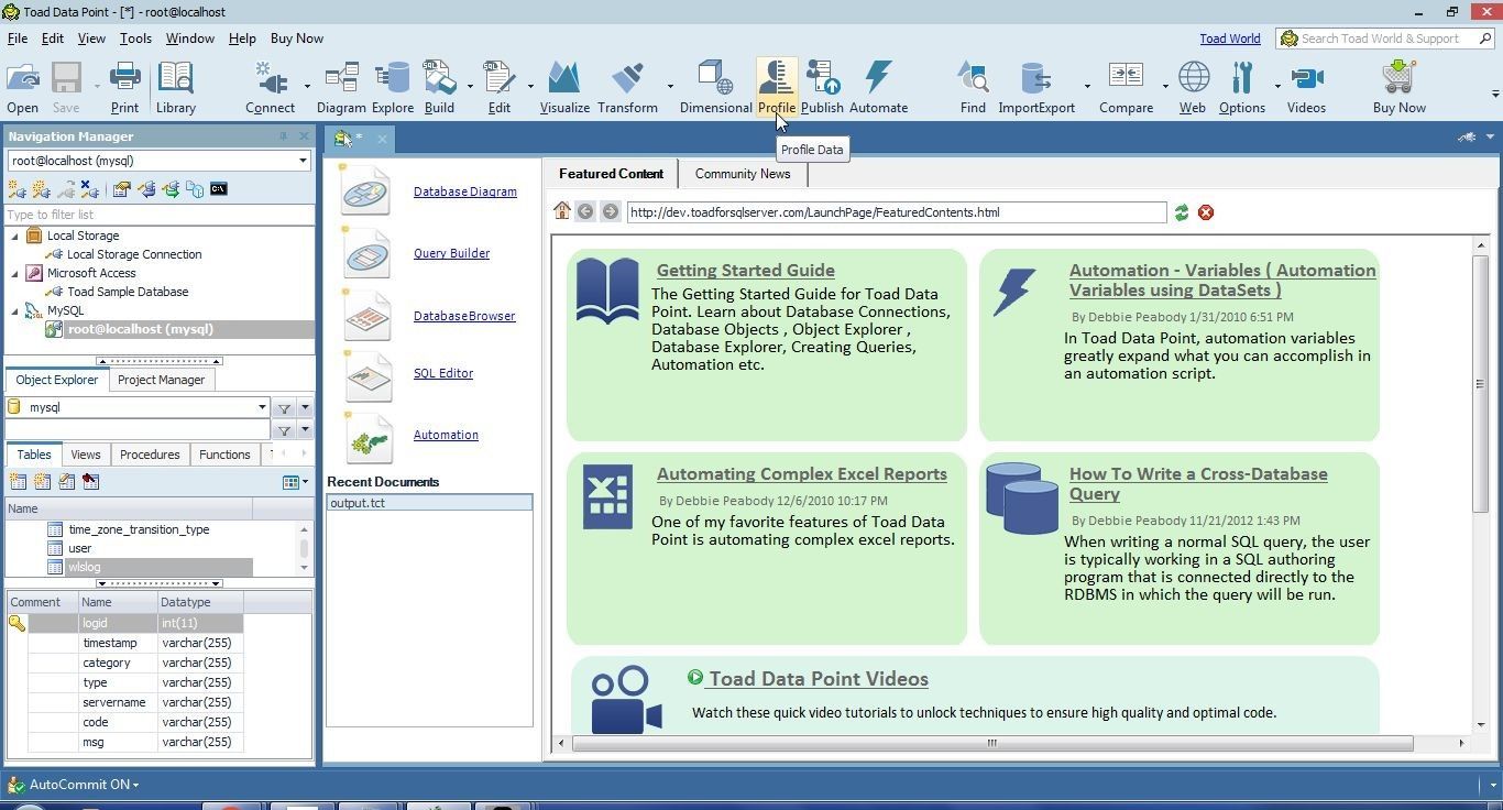 Figure 15. Click on Profile Data in the toolbar to profile the data added to MySQL database.