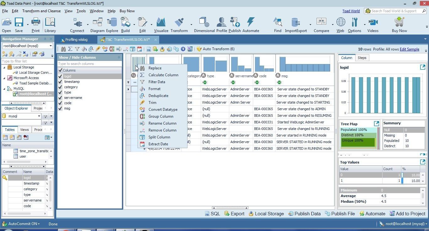 Figure 16. Right click to show theTransform and Cleanse options