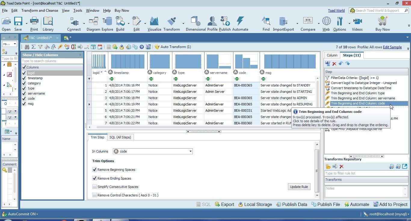 Figure 17. Selecting Transformation Step for code
