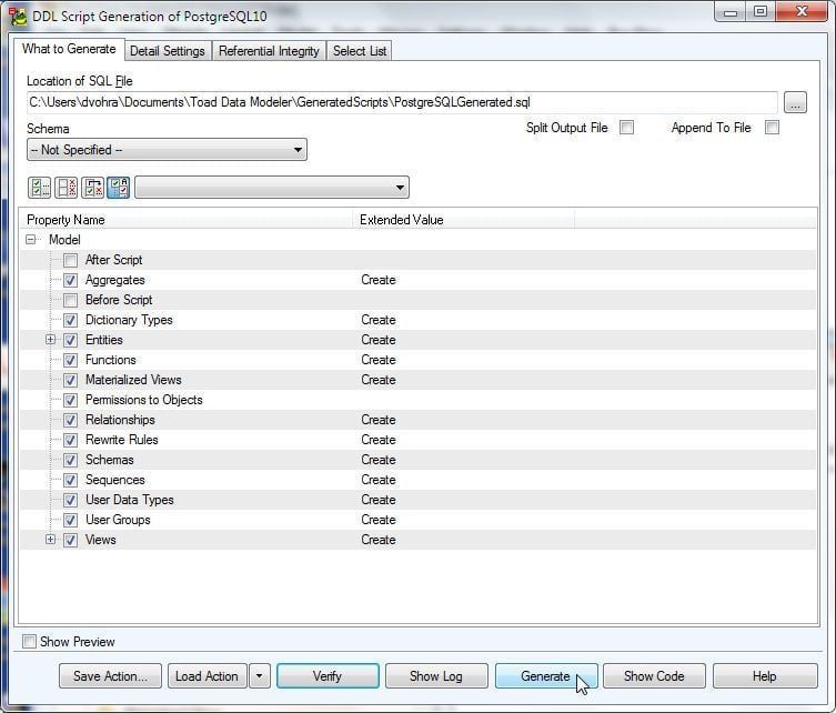 Figure 19. DDL Script Generation of PostgreSQL 10>Generate”></span></em></p>
<p><em><span>Figure 19. DDL Script Generation of PostgreSQL 10>Generate</span></em></p>
<p><span> </span></p>
<p><span>A DDL Script gets generated at the directory location specified in the <strong>Location of SQL File</strong> field.  The DDL script may need to be slightly modified if the target PostgreSQL database already has some of the database objects reserved. Comment out the section to create a role </span>public<span>as our target database has the </span>public<span>role reserved.</span></p>
<p> </p>
<p><span courier=