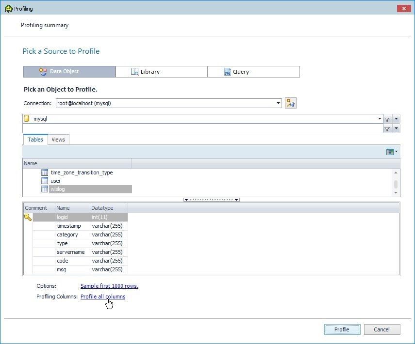 Figure 20. Click on Profile all Columns