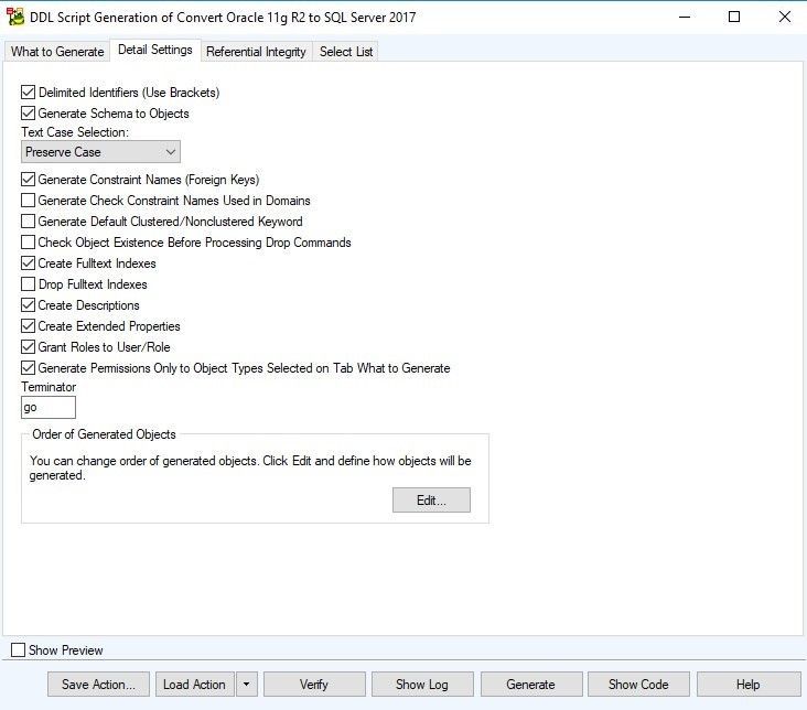 Figure 23. The Detail Settings tab of the DDL Script Generation Wizard