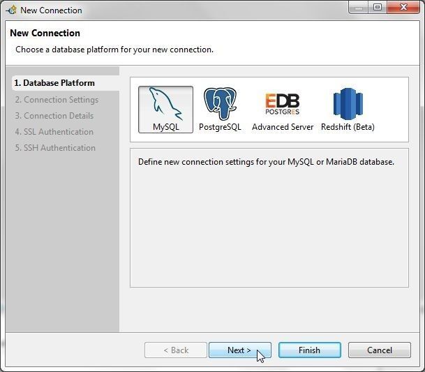 Figure 25. Select MySQL as database platform and click on next