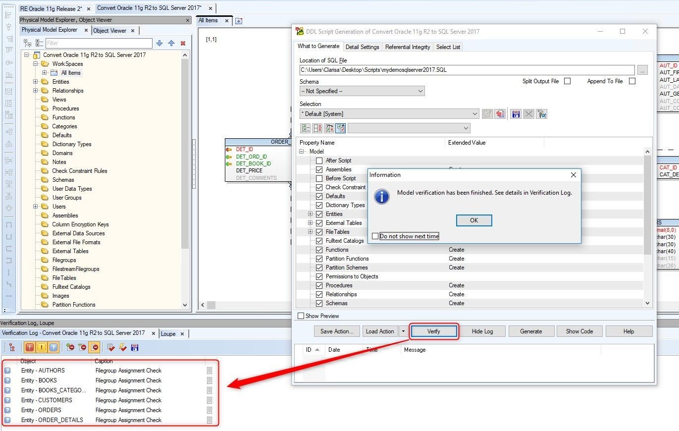 Figure 26. Verifying the model before generating the script